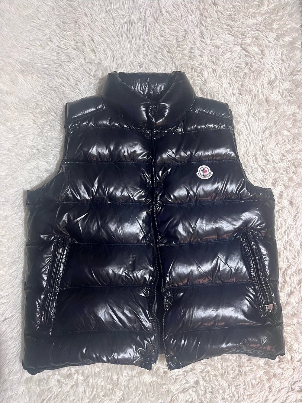 Moncler Men's Black Shiny Down Vest with Logo Patch
